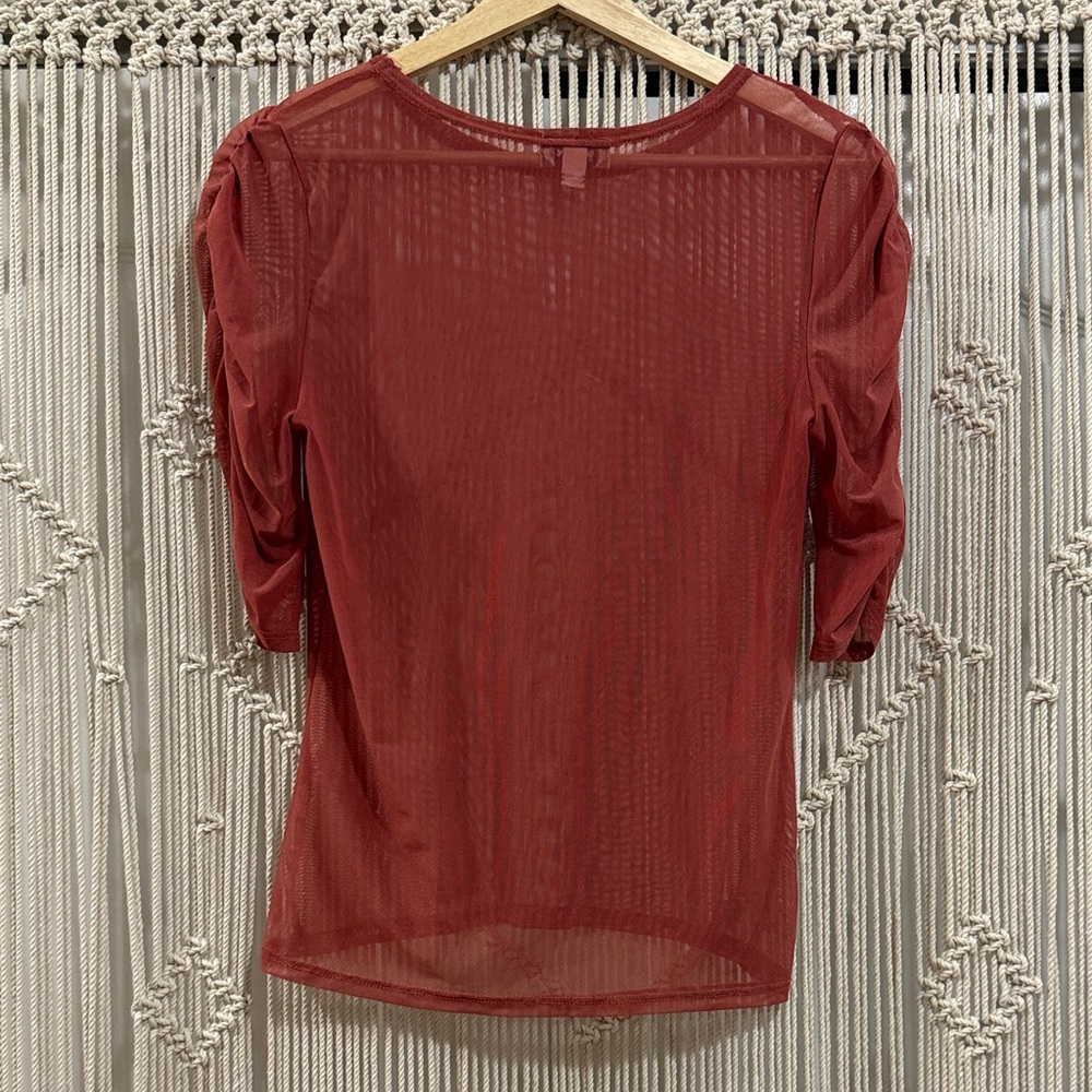 Gemstone Sheer Coral Women's Blouse with Ruched Sleeves